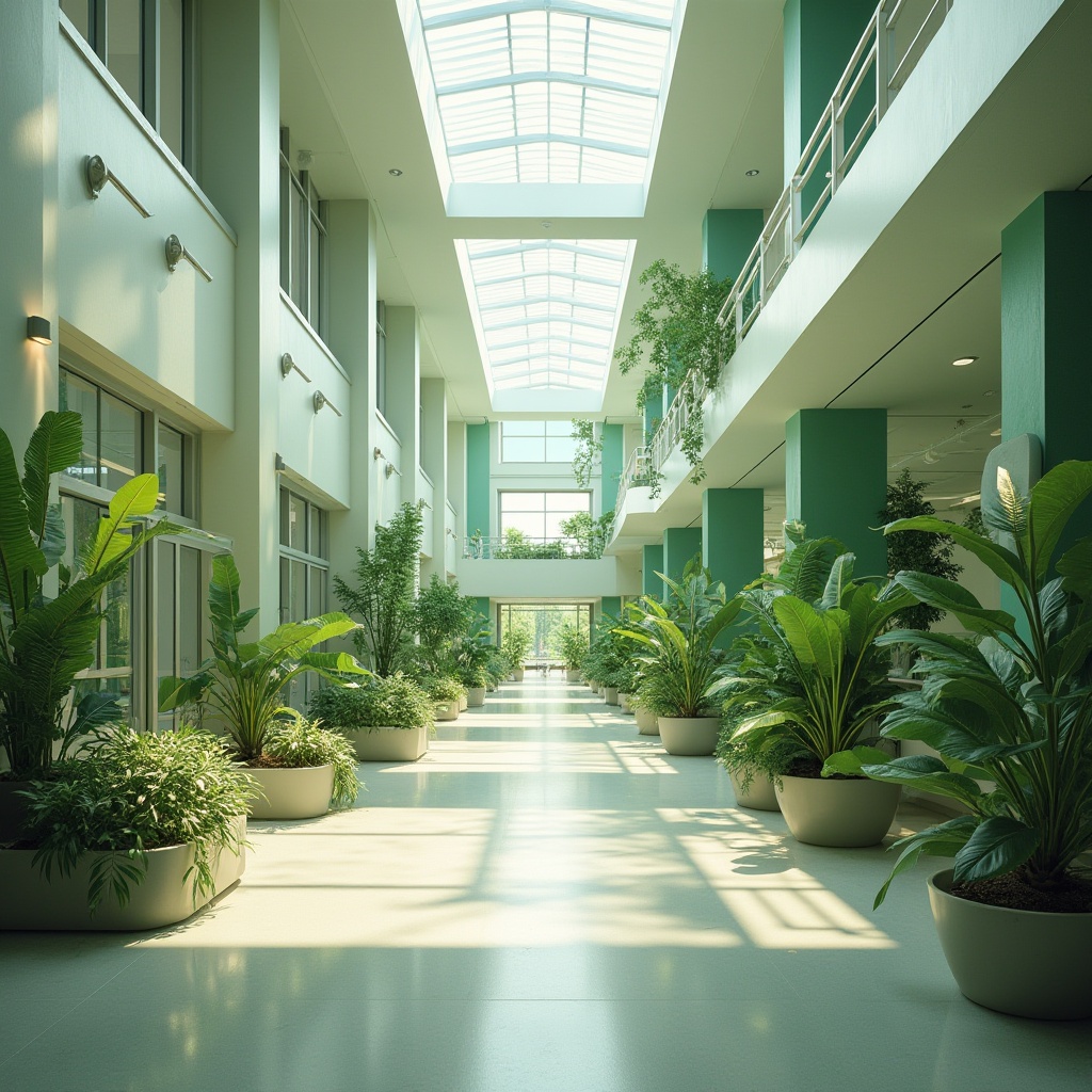 Prompt: Spacious hospital atrium, abundant natural light, green walls, lush indoor plants, large windows, clerestory roofs, skylights, solar tubes, reflective surfaces, minimal obstructions, open floor plans, curved lines, calming ambiance, soft warm lighting, shallow depth of field, 1/1 composition, realistic textures, ambient occlusion.