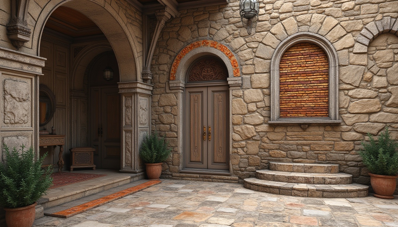 Prompt: Weathered stone walls, rough-hewn granite, rustic brick facades, distressed wooden planks, vintage metal cladding, ornate ceramic tiles, intricate mosaics, earthy color palette, natural material textures, aged patina, soft warm lighting, shallow depth of field, 3/4 composition, realistic renderings, ambient occlusion.