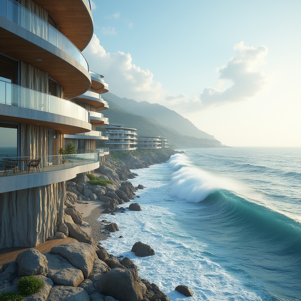 Prompt: Wave-crashing coastline, salty sea air, ocean views, modern coastal buildings, curved lines, undulating facades, transparent glass railings, anodized aluminum frames, weathered wood accents, driftwood-inspired textures, beachy color palette, soft ocean breeze, warm sunlight, shallow depth of field, 1/2 composition, realistic water effects, ambient occlusion, dynamic wave simulations.