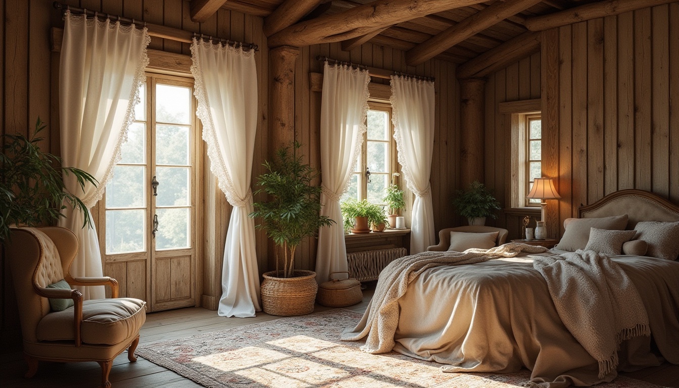 Prompt: Rustic barn, distressed wood accents, soft natural light, flowing white curtains, billowy drapes, vintage lace trim, floral patterns, earthy tones, woven baskets, potted greenery, warm candlelight, cozy reading nooks, plush velvet armchairs, wooden shutters, metal rod hardware, linen fabrics, soft focus, warm color palette, intimate atmosphere, 1/2 composition, subtle texture overlays, natural bokeh.