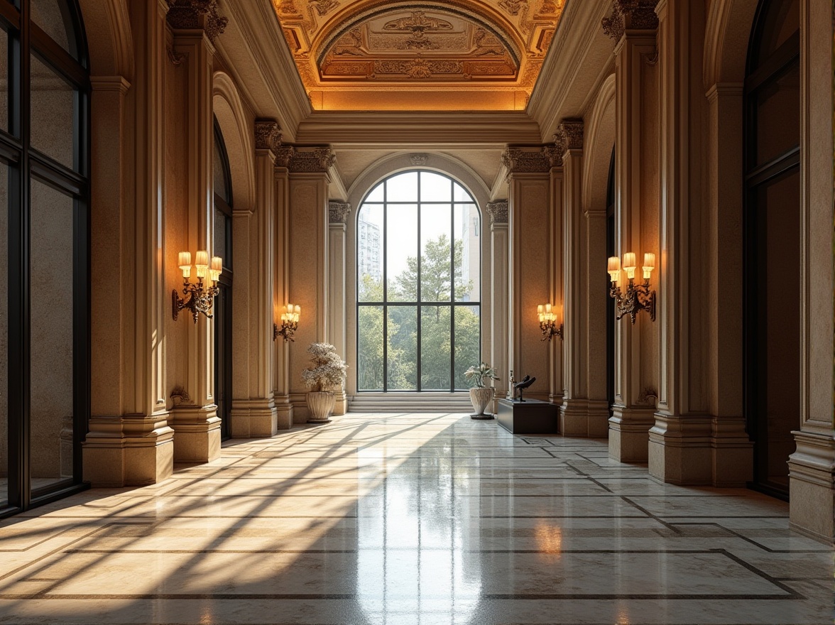 Prompt: Grand entrance, ornate details, elegant columns, symmetrical architecture, luxurious materials, marble floors, bronze fixtures, floor-to-ceiling windows, expansive glass facades, modern minimalist aesthetic, sleek lines, subtle textures, ambient lighting, dramatic shadow play, 1/1 composition, shallow depth of field, realistic reflections, high-contrast colors.