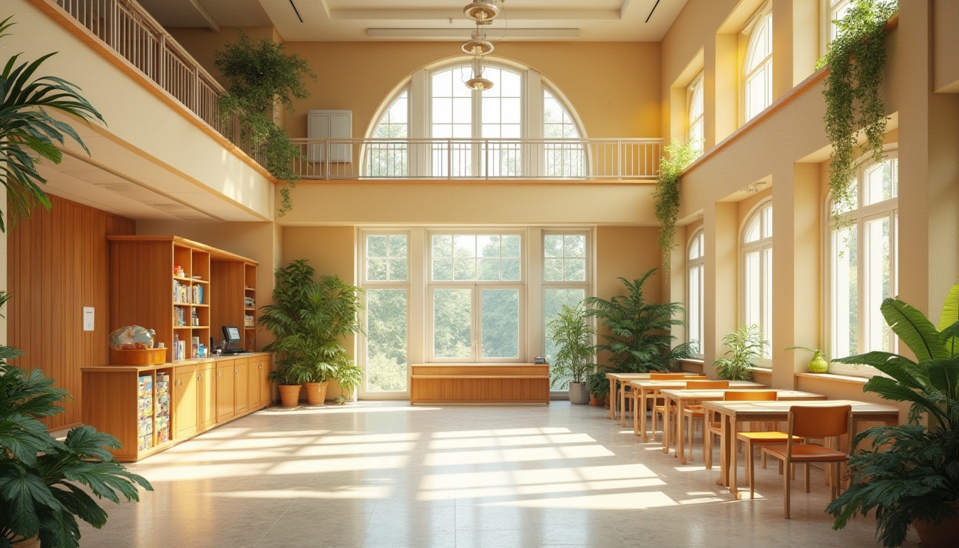 Prompt: Vibrant educational institution, warm beige walls, rich wood accents, soothing greenery, playful yellow highlights, calming blue undertones, cream-colored furniture, natural stone flooring, modern architectural lines, ample natural light, soft box lighting, shallow depth of field, 1/1 composition, realistic textures, ambient occlusion.