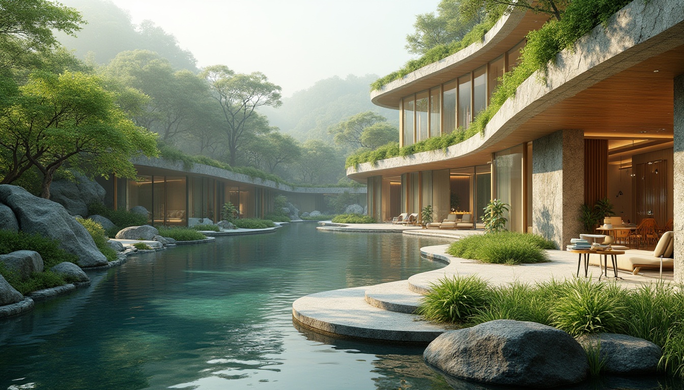 Prompt: Seamless landscape integration, organic architecture, curved lines, natural stone walls, lush green roofs, transparent glass facades, reflective water features, misty atmosphere, soft warm lighting, shallow depth of field, 3/4 composition, panoramic view, realistic textures, ambient occlusion, modern minimalist design, sustainable energy solutions, eco-friendly materials, innovative cooling technologies, shaded outdoor spaces, vibrant colorful textiles, intricate geometric motifs.