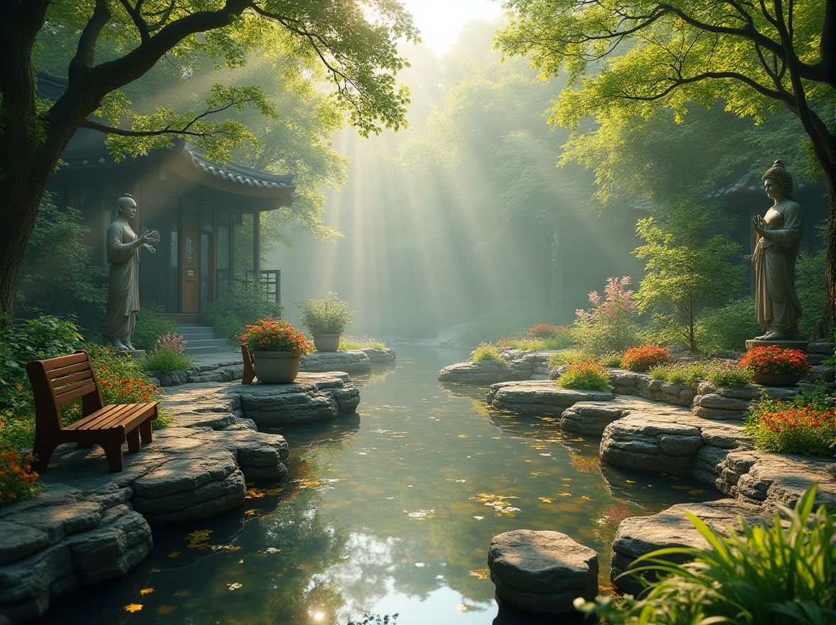 Prompt: Serenely peaceful landscape, lush greenery, vibrant flowers, tranquil water features, natural stone pathways, wooden benches, spiritual statues, calming sounds, soft warm lighting, misty morning atmosphere, 1/1 composition, intimate view, realistic textures, ambient occlusion, harmonious balance of elements.