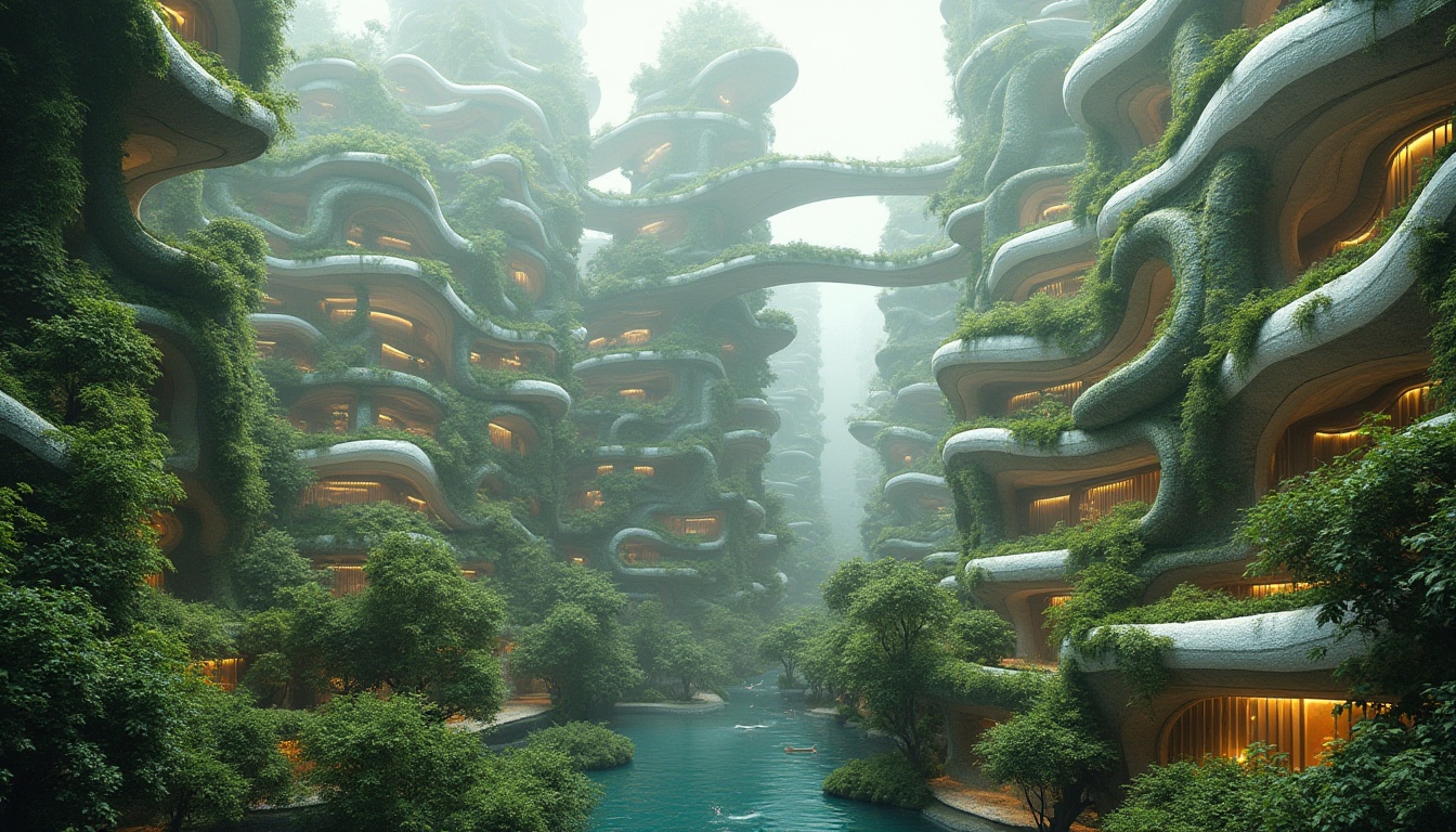 Prompt: Organic metabolism-inspired buildings, curved lines, wavy structures, green roofs, living walls, bioluminescent lighting, futuristic urban planning, elevated walkways, spiral staircases, open-air atriums, lush vegetation, misty atmosphere, soft natural light, shallow depth of field, 1/1 composition, realistic textures, ambient occlusion, vibrant colors, abstract patterns, dynamic shapes, eco-friendly materials, sustainable energy systems, water features, peaceful ambiance.