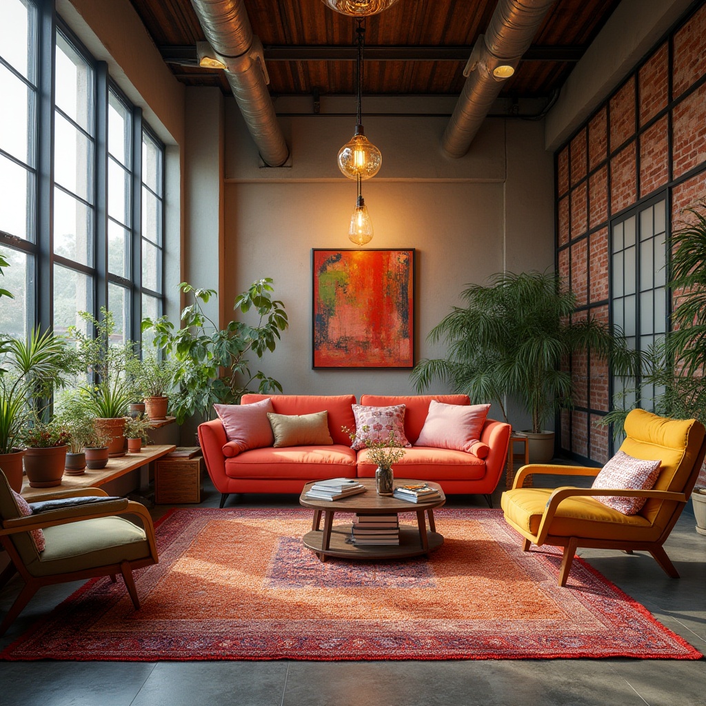 Prompt: Vibrant artistic studio, eclectic furniture arrangement, bold colorful accents, textured rugs, natural wood tones, industrial metal frames, oversized windows, abstract artwork, creative lighting fixtures, soft warm glow, shallow depth of field, 1/1 composition, realistic textures, ambient occlusion.