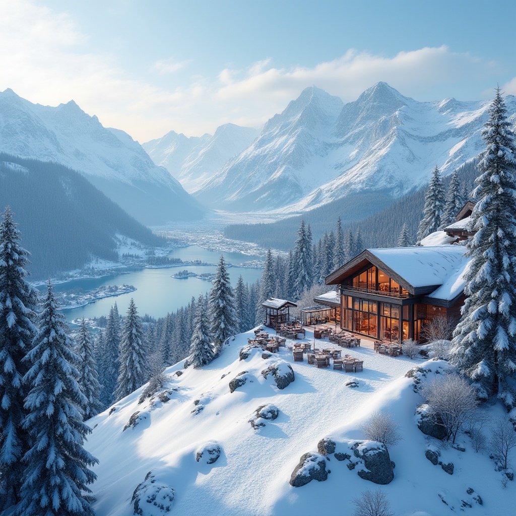 Prompt: Snow-capped mountains, lush forests, serene valleys, frozen lakes, snowy slopes, ski lifts, mountainous terrain, rustic wooden lodges, modern ski center architecture, large glass windows, warm cozy interiors, crackling fireplaces, outdoor seating areas, snow-covered roofs, icicle-inspired decorations, frosty mornings, soft powdery snow, misty atmosphere, shallow depth of field, 1/2 composition, panoramic view, realistic textures, ambient occlusion.