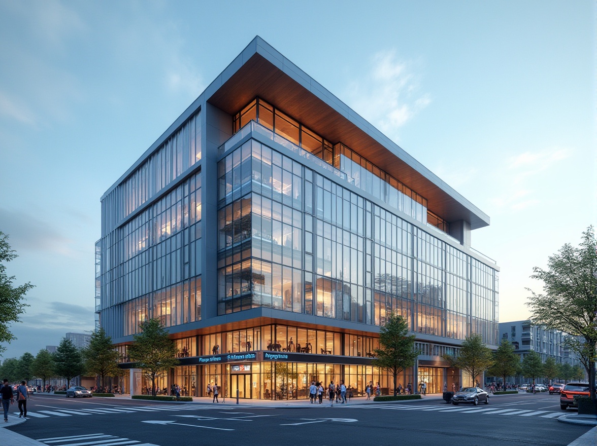 Prompt: Modern commercial building, sleek glass facade, minimalist architecture, neutral color palette, angular lines, cantilevered rooflines, functional balconies, aluminum frames, low-e windows, energy-efficient systems, LED lighting, urban cityscape, busy streets, pedestrian traffic, shallow depth of field, 3/4 composition, realistic textures, ambient occlusion.