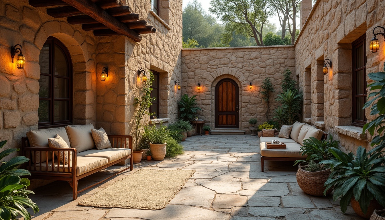 Prompt: Rustic stone walls, natural rock formations, earthy tones, organic textures, irregular shapes, cozy ambiance, warm lighting, wooden accents, vintage decorations, distressed finishes, aged patina, Mediterranean-inspired architecture, villa-style buildings, private courtyards, lush greenery, serene atmosphere.