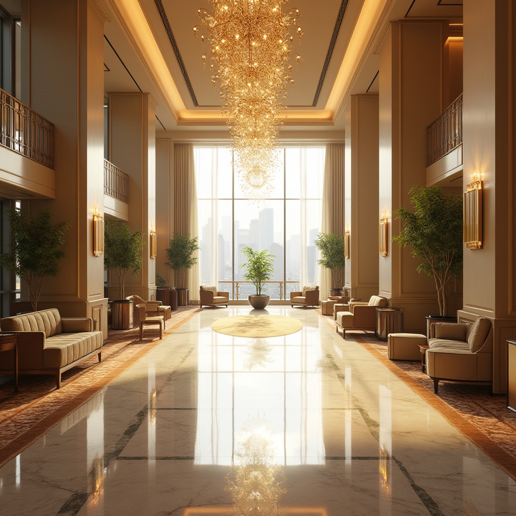 Prompt: Luxurious hotel lobby, high ceilings, grand chandeliers, marble floors, spacious atrium, natural light pouring in, warm beige walls, elegant furnishings, plush carpets, floor-to-ceiling windows, sliding glass doors, balcony views, cityscape, soft warm lighting, shallow depth of field, 1/1 composition, realistic textures, ambient occlusion.