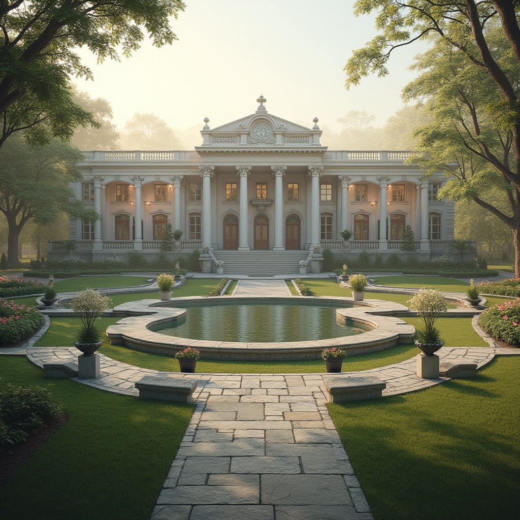 Prompt: Elegant neoclassical mansion, symmetrical fa\u00e7ade, ornate columns, grand entrance, sweeping staircases, lush green lawns, tranquil ponds, walking paths, blooming flowers, mature trees, soft morning light, warm color palette, classic proportion, balanced composition, subtle texture variation, subtle color gradation, 1/1 aspect ratio, central perspective, atmospheric mist effect.