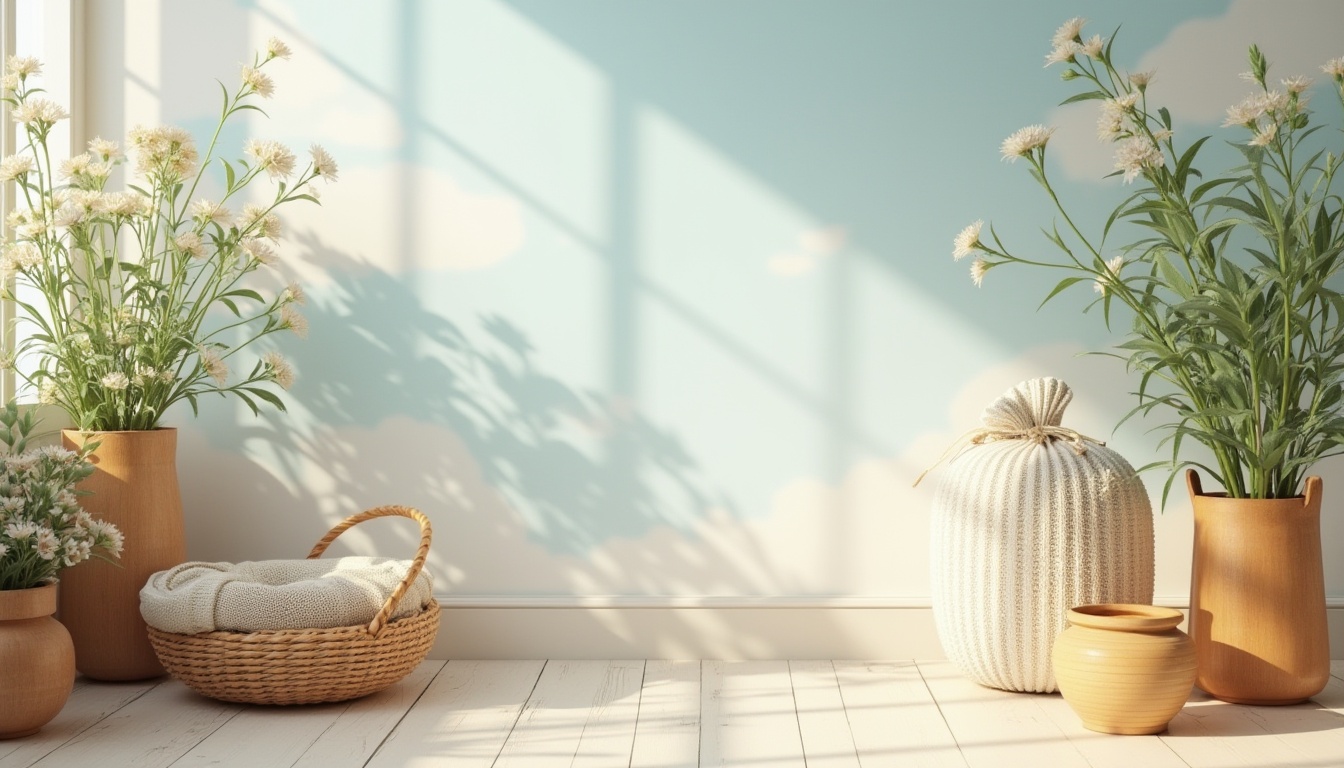 Prompt: Soft sky blue, creamy whites, warm sandy beiges, rich wood accents, natural textiles, woven baskets, earthy terracotta pots, lush greenery, delicate florals, subtle cloud patterns, gentle morning light, shallow depth of field, 2/3 composition, realistic renderings, ambient occlusion.