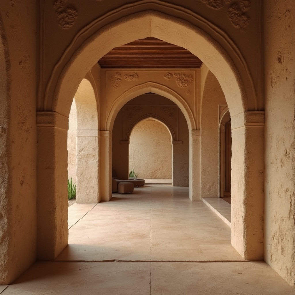 Prompt: Warm beige sandstone walls, rustic textures, natural earthy tones, elegant arches, ornate carvings, subtle patterns, soft warm lighting, cozy intimate spaces, traditional architectural styles, Mediterranean-inspired designs, decorative columns, grand entranceways, sophisticated interior decor, luxurious furnishings, ambient occlusion, realistic stone textures.