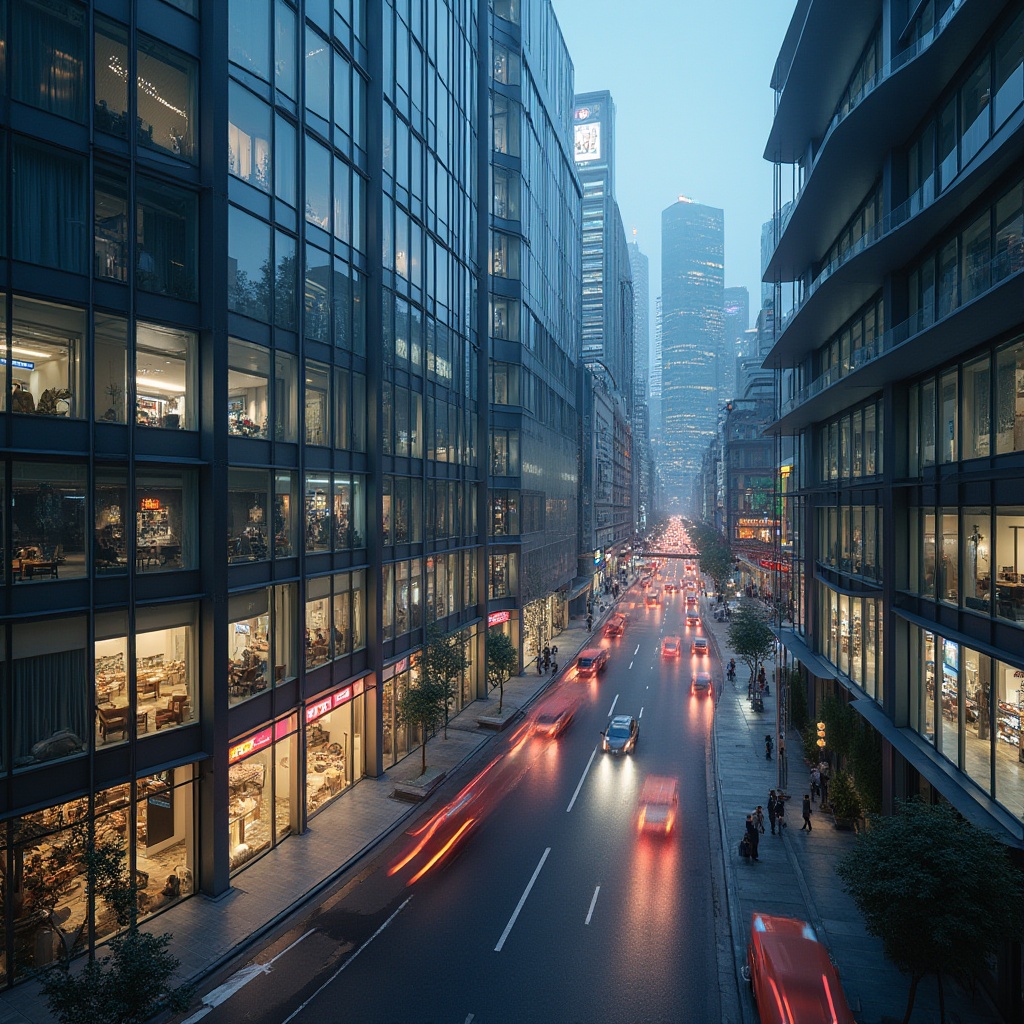 Prompt: Transparent glass facades, minimalist metal frames, sleek modern architecture, urban cityscape, bustling streets, vibrant nightlife, neon lights, reflective surfaces, subtle color gradients, gradient mapping, soft warm lighting, shallow depth of field, 3/4 composition, panoramic view, realistic textures, ambient occlusion.