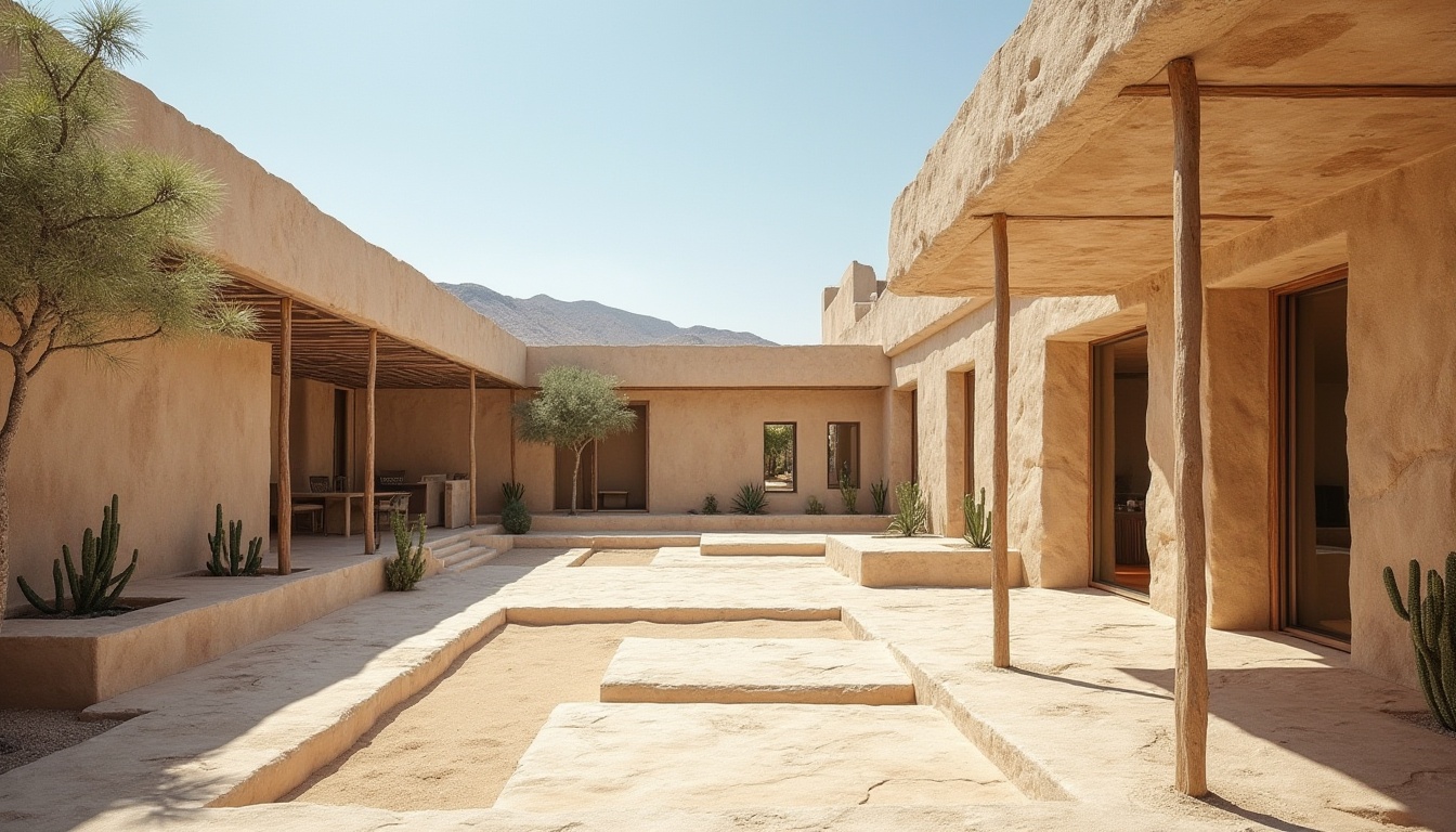 Prompt: Natural sandstone walls, earthy tones, organic textures, rustic charm, outdoor seating areas, weathered stone benches, desert landscape, cactus plants, hot sunny day, clear blue sky, vast open space, modern minimalist architecture, sleek lines, natural materials, sustainable design, eco-friendly ethos, warm beige colors, soft warm lighting, shallow depth of field, 3/4 composition, realistic textures, ambient occlusion.