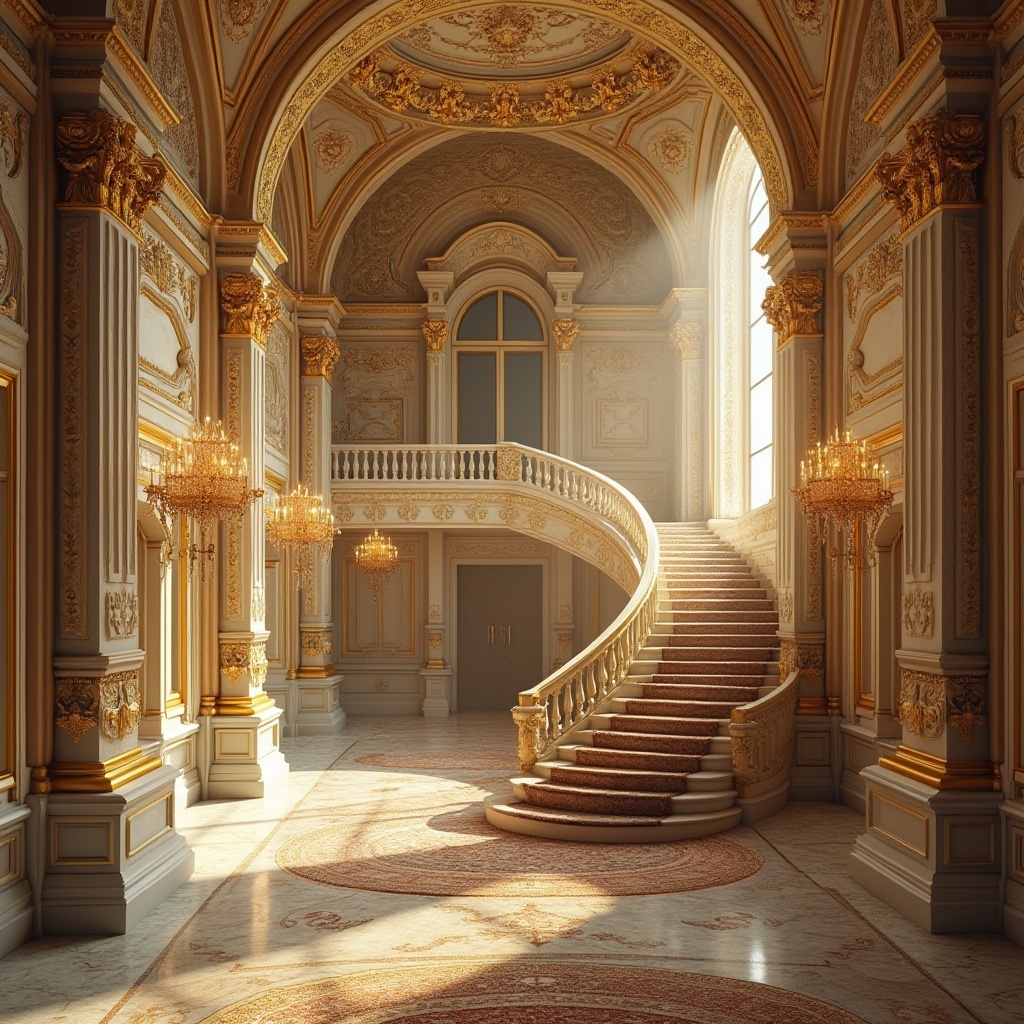 Prompt: Ornate Baroque palace, intricately carved stone facades, golden ornamental details, grandiose entranceways, sweeping staircases, ornate balconies, textured marble floors, gilded moldings, richly patterned rugs, lavish chandeliers, dramatic lighting, warm beige tones, soft focus, atmospheric perspective, 1/2 composition, symmetrical framing, highly detailed textures, realistic ambient occlusion.