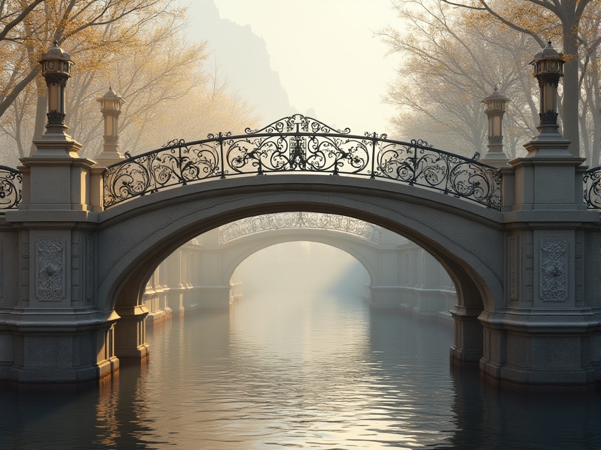 Prompt: Elegant pedestrian bridge, ornate iron railings, classical arches, symmetrical composition, grandiose stone pillars, carved granite foundations, ornamental lanterns, refined metalwork details, subtle curve lines, harmonious proportions, natural stone paving, serene water reflections, misty morning light, soft warm colors, 1/2 composition, atmospheric perspective, realistic textures, ambient occlusion.