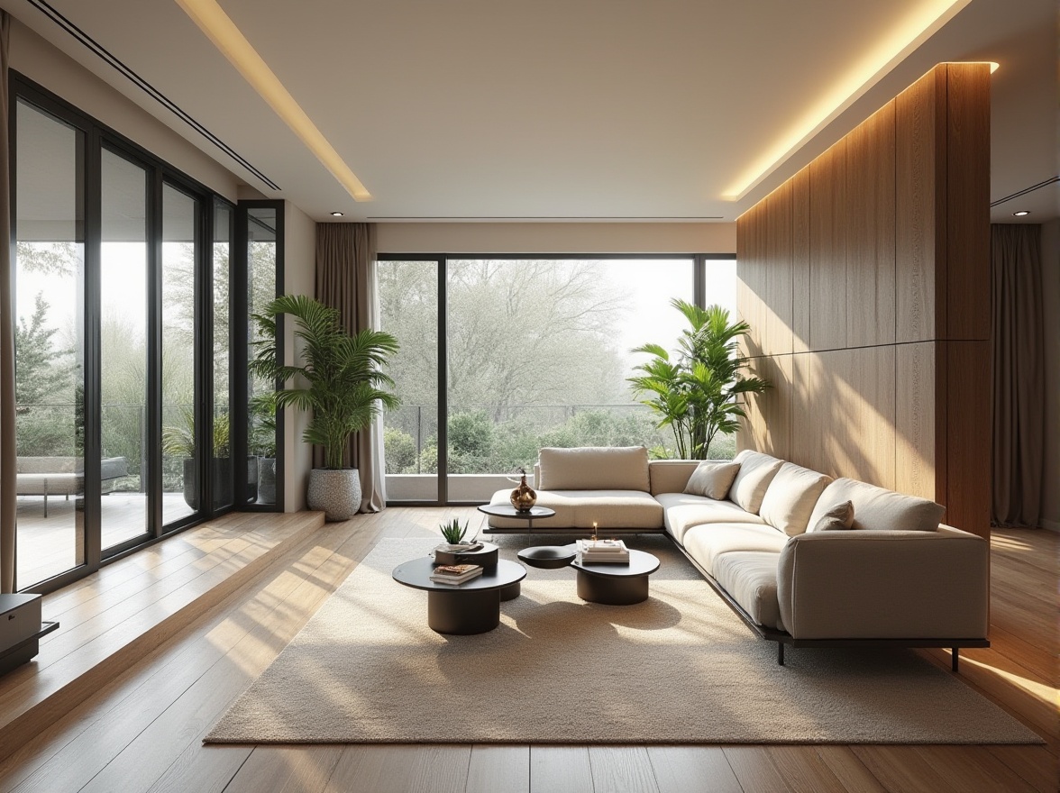 Prompt: Modern living room, sleek furniture, minimal ornamentation, ample natural light, floor-to-ceiling windows, sliding glass doors, polished wooden floors, soft beige carpeting, comfortable sectional sofas, geometric coffee tables, metallic accent walls, ambient dimmable lighting, 1/1 composition, realistic textures, subtle shadows.