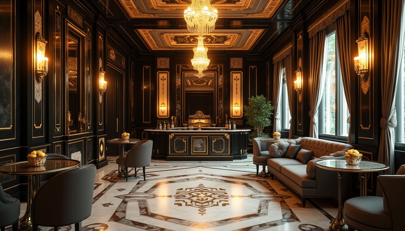 Prompt: Luxurious Art Deco interior, metallic accents, polished chrome fixtures, ornate geometric patterns, rich velvet fabrics, glossy ebony wood, creamy marble surfaces, inlaid mother of pearl details, opulent crystal chandeliers, bold black and gold color scheme, lavish furnishings, curved lines, symmetrical composition, warm golden lighting, subtle gradient effects, 1/2 composition, atmospheric perspective, intricate textures, realistic reflections.