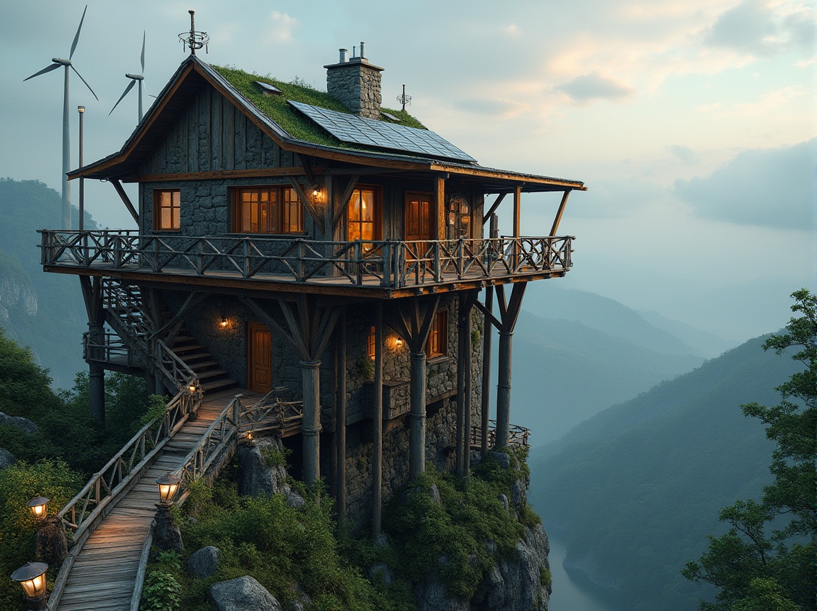 Prompt: Elevated watchtower, rugged stone walls, wooden accents, recycled metal beams, living green roofs, solar panels, wind turbines, natural ventilation systems, rainwater harvesting systems, eco-friendly insulation, reclaimed wood decking, panoramic views, rustic lanterns, warm ambient lighting, soft focus, 1/2 composition, cinematic atmosphere, realistic textures, subtle depth of field.