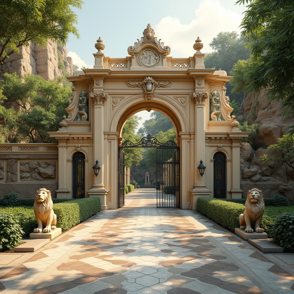 Prompt: Ornate zoo entrance, grandiose archways, rustic stone walls, classical columns, ornamental metal gates, vintage lanterns, lush greenery, exotic trees, natural rock formations, majestic lion statues, intricate mosaics, warm beige stucco, creamy white marble, soft warm lighting, shallow depth of field, 1/1 composition, symmetrical framing, realistic textures, ambient occlusion.