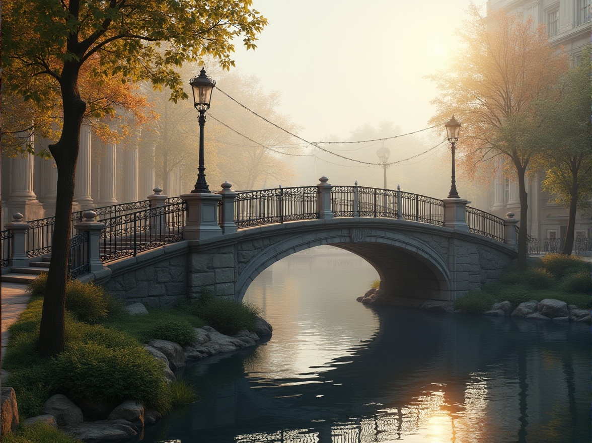 Prompt: Elegant pedestrian bridge, ornate metal railings, suspension cables, symmetrical arches, stone piers, rustic stonework, academic architectural style, classic columns, grand entranceways, intricate carvings, ornamental lamp posts, lush greenery, serene water reflections, misty morning atmosphere, soft warm lighting, shallow depth of field, 3/4 composition, realistic textures, ambient occlusion.