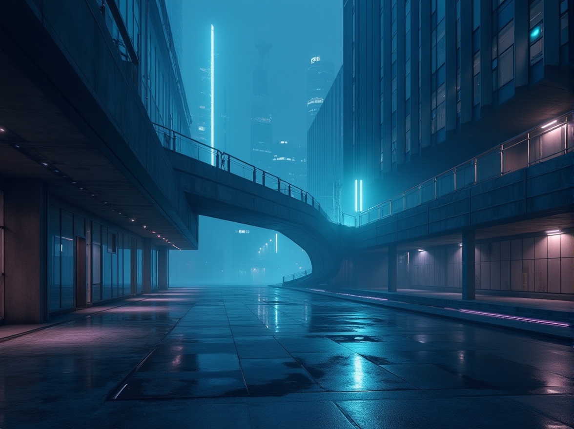 Prompt: Dark cyan accents, sleek modern architecture, minimalist design, urban cityscape, nighttime atmosphere, misty fog, neon lights, metallic surfaces, glass facades, low-key lighting, shallow depth of field, 1/1 composition, realistic reflections, ambient occlusion, moody color tones, dark blues, purple undertones, industrial textures, concrete walls, steel beams, futuristic vibe, high-tech details.