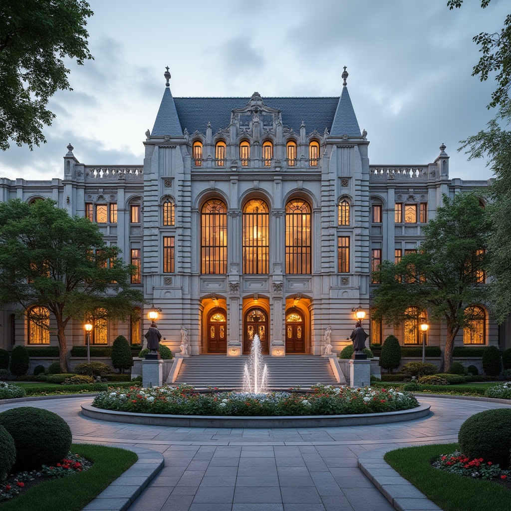 Prompt: Grand courthouse building, Art Deco style, symmetrical facade, ornate metalwork, geometric patterns, lush greenery, vibrant flowers, manicured lawns, walking paths, decorative fountains, monumental stairs, classical statues, elegant lampposts, warm evening lighting, shallow depth of field, 1/1 composition, panoramic view, realistic textures, ambient occlusion.