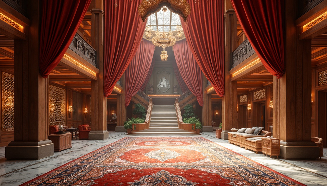 Prompt: Richly ornamented cultural center, intricately patterned carpets, luxurious velvet drapes, polished marble floors, ornate wooden accents, vibrant silk fabrics, traditional tribal patterns, metallic mesh screens, ambient LED lighting, grand staircase, high ceilings, spacious atrium, natural stone walls, rustic wood paneling, earthy tone color scheme, warm cozy atmosphere, shallow depth of field, 1/1 composition, symmetrical framing, softbox lighting.