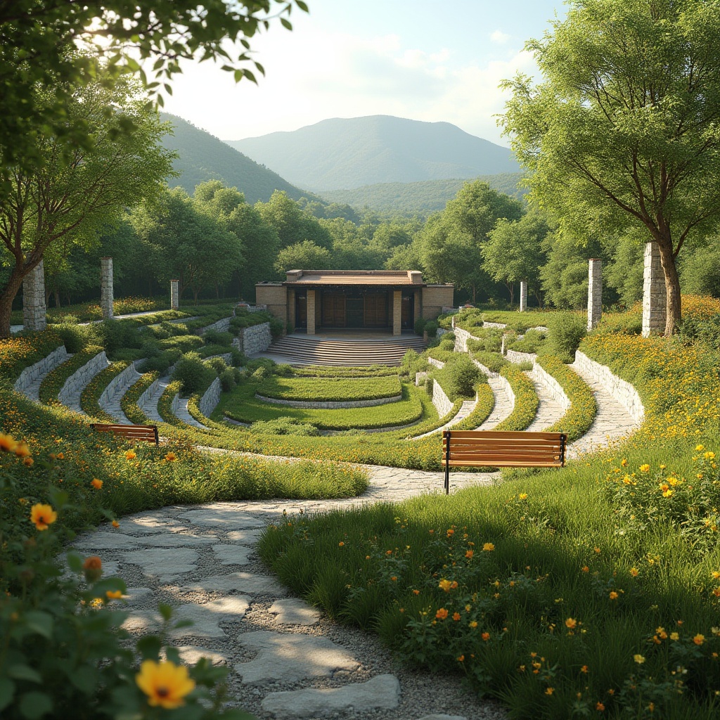 Prompt: Natural amphitheater setting, rolling hills, lush greenery, meandering pathways, tiered seating, outdoor performance stage, rustic stone walls, wooden benches, vibrant wildflowers, sunny day, soft warm lighting, shallow depth of field, 3/4 composition, panoramic view, realistic textures, ambient occlusion, integrated landscape design, harmonious architecture, organic shapes, curved lines, blending with nature, eco-friendly materials, sustainable water management systems.