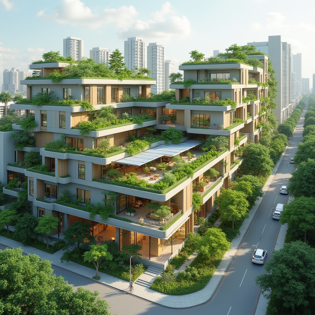 Prompt: Eco-friendly buildings, green roofs, solar panels, wind turbines, rainwater harvesting systems, recyclable materials, low-carbon footprint, energy-efficient systems, natural ventilation, large windows, minimal waste generation, biophilic design, organic shapes, living walls, urban agriculture, community gardens, public art installations, vibrant street furniture, pedestrian-friendly streets, reduced traffic congestion, clean air quality, noise reduction measures, adaptive reuse of existing structures, deconstruction techniques, repurposed materials, circular economy principles, zero-waste policy, biodiversity conservation, ecological connectivity.