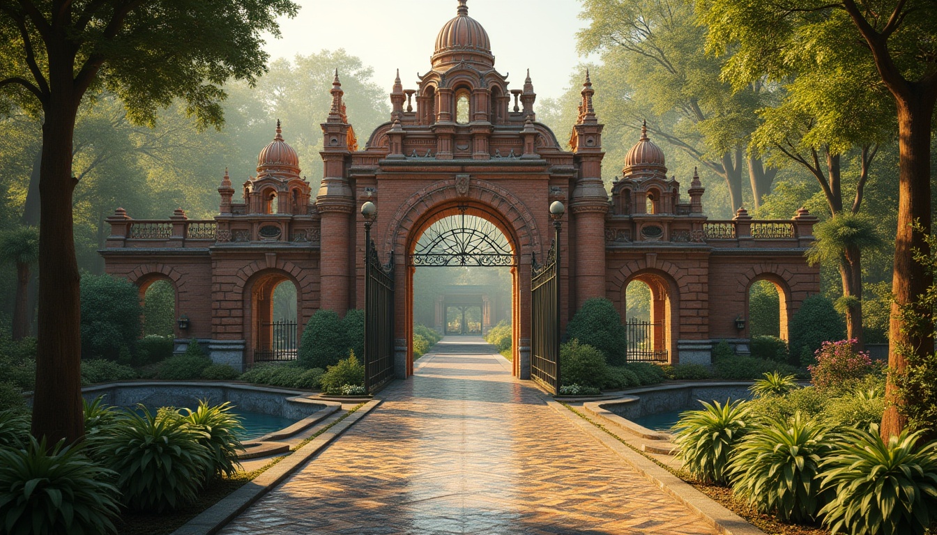 Prompt: Majestic zoo entrance, grandiose archways, ornate iron gates, Victorian-era inspired architecture, intricate stone carvings, rustic brick walls, lush greenery, exotic animal habitats, naturalistic landscaping, meandering pathways, tranquil ponds, majestic trees, warm golden lighting, soft focus, shallow depth of field, 1/1 composition, realistic textures, ambient occlusion.