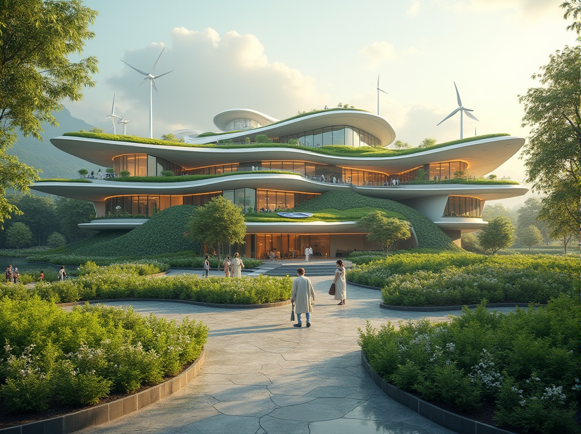 Prompt: Eco-friendly hospital building, lush green roofs, solar panels, wind turbines, rainwater harvesting systems, natural ventilation, large windows, abundant daylight, minimalist design, recycled materials, low-carbon footprint, sustainable urban planning, futuristic architecture, curved lines, organic shapes, calming atmosphere, soft warm lighting, shallow depth of field, 3/4 composition, panoramic view, realistic textures, ambient occlusion.