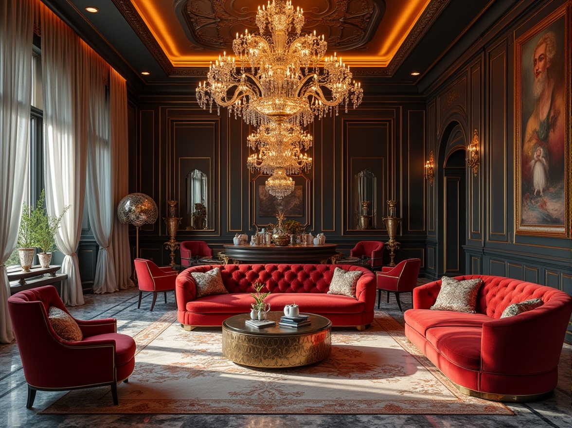 Prompt: Luxurious living room, opulent chandeliers, rich velvet sofas, ornate metalwork, geometric patterns, marble floors, grand pianos, lavish drapes, statement mirrors, metallic accents, bold color schemes, luxurious textiles, vintage posters, ornamental vases, curved lines, symmetrical compositions, high-contrast lighting, dramatic shadows, 1/2 composition, ornate moldings, lavish decorations, glamorous ambiance.