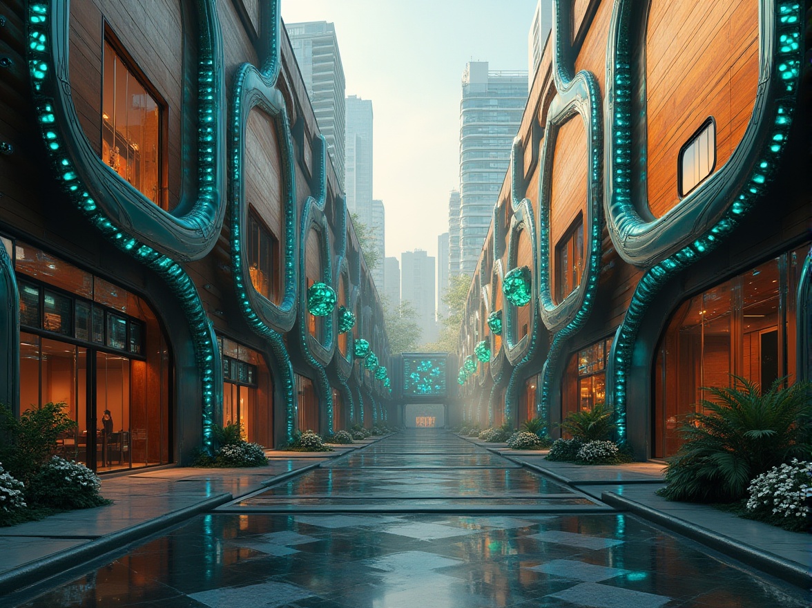 Prompt: Vibrant metabolism-inspired buildings, bold biomolecular structures, electric blue accents, neon green highlights, warm golden lighting, rich brown wood textures, sleek metallic surfaces, geometric patterns, futuristic architectural design, urban cityscape, morning mist atmosphere, shallow depth of field, 1/1 composition, realistic materials, ambient occlusion.