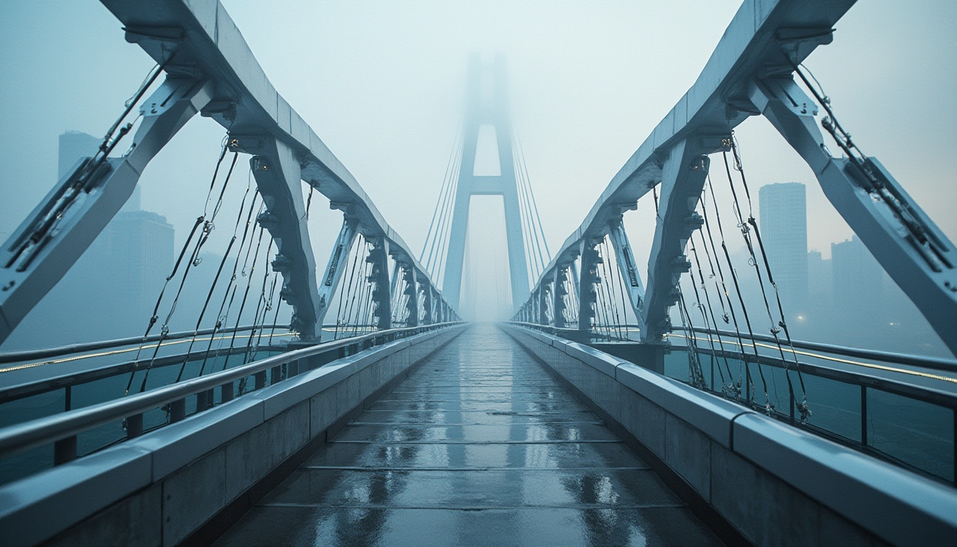 Prompt: Sleek high-tech bridge, angular steel beams, futuristic suspension cables, metallic latticework, LED lighting strips, reflective glass railings, dynamic curves, asymmetrical design, urban cityscape, misty morning atmosphere, dramatic shadows, shallow depth of field, 1/1 composition, realistic textures, ambient occlusion.