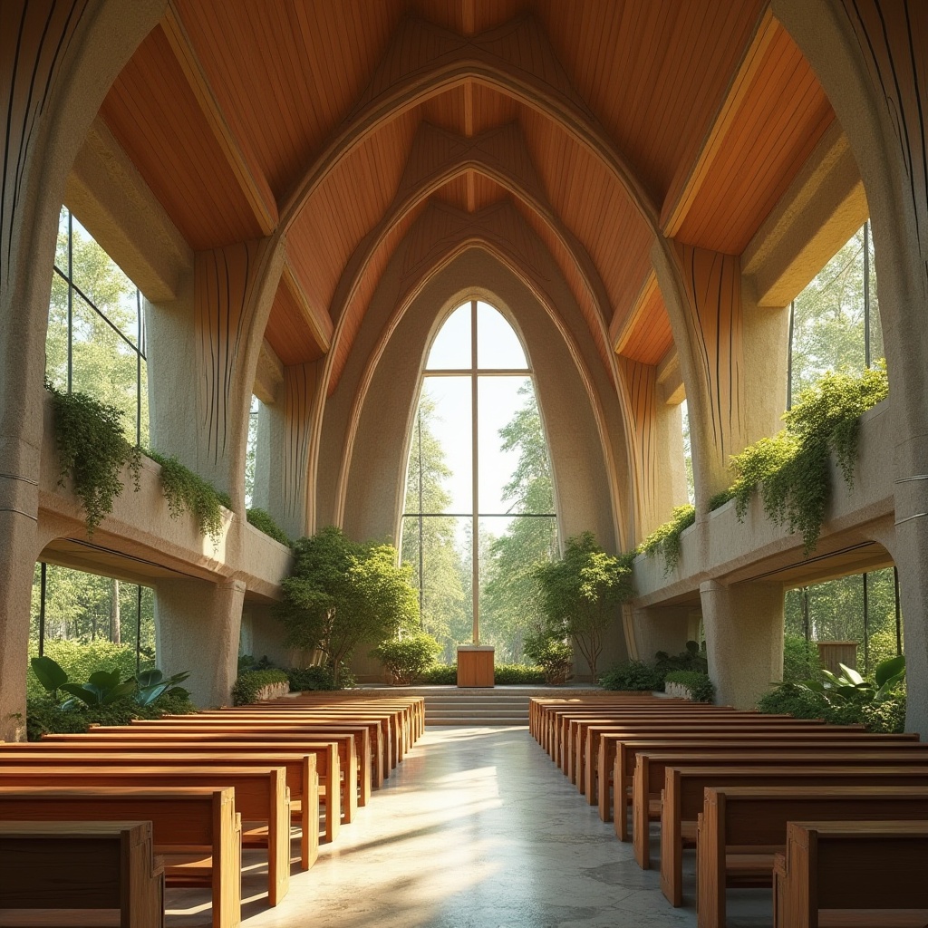 Prompt: Eco-friendly church architecture, natural stone fa\u00e7ade, recycled wood accents, solar panels, green roofs, living walls, energy-efficient systems, minimalist design, open floor plan, high ceilings, stained glass windows, soft warm lighting, peaceful atmosphere, serene ambiance, sacred symbols, spiritual decor, wooden pews, stone flooring, earthy tones, organic textures, natural ventilation, cross-shaped composition, symmetrical architecture, 1/1 aspect ratio, shallow depth of field.