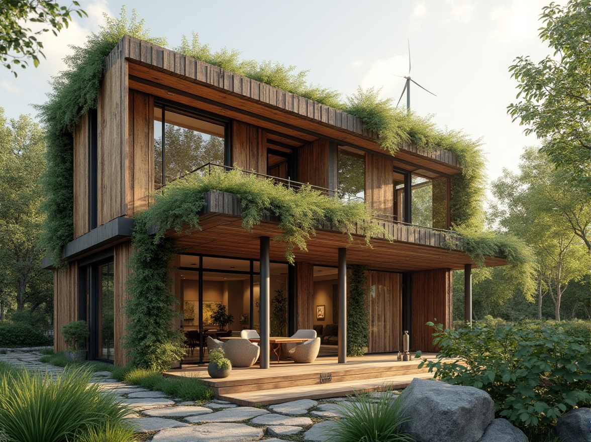 Prompt: Eco-friendly building, green architecture, reclaimed wood accents, low-carbon footprint, recycled metal structures, solar panels, wind turbines, rainwater harvesting systems, living walls, green roofs, natural ventilation, large windows, minimal waste generation, biodegradable materials, non-toxic paints, FSC-certified lumber, bamboo flooring, cork insulation, earthy color palette, organic textures, soft warm lighting, shallow depth of field, 3/4 composition, panoramic view, realistic renderings.