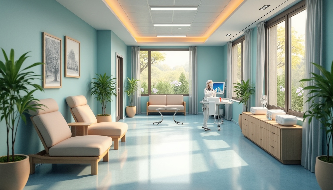 Prompt: Calming healthcare facility, soothing color scheme, gentle blue tones, warm beige accents, natural wood elements, comfortable waiting areas, relaxing lounge chairs, soft overhead lighting, peaceful atmosphere, serene landscape views, lush greenery, vibrant flowers, modern medical equipment, sleek metal surfaces, clean white uniforms, professional staff, calming soundscapes, 1/1 composition, realistic textures, ambient occlusion.