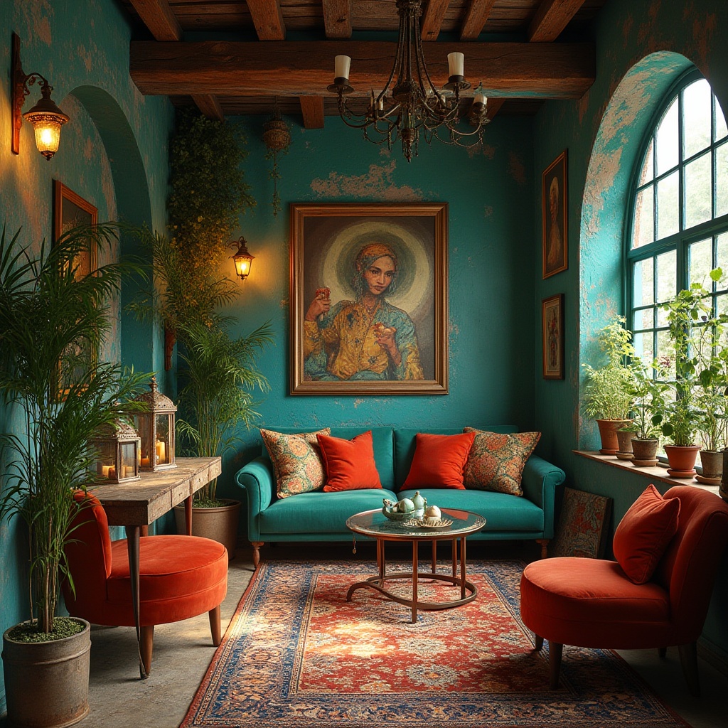 Prompt: Vibrant artistic studio, eclectic bohemian decor, rich turquoise walls, distressed wood accents, plush velvet furniture, Moroccan-inspired tiles, ornate metal lanterns, lush greenery, natural light pouring in, soft warm glow, 1/1 composition, shallow depth of field, realistic textures, ambient occlusion.