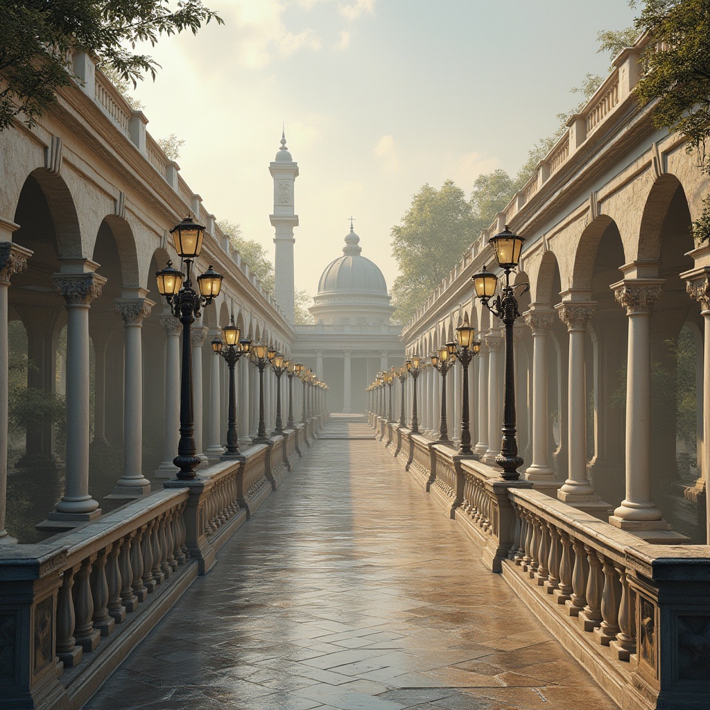 Prompt: Elegant pedestrian bridge, neoclassical arches, ornate balustrades, grandiose columns, symmetrical composition, refined stonework, rusticated piers, sweeping staircases, decorative lampposts, intricate carvings, classical motifs, ornamental railings, weathered bronze details, misty morning light, soft warm tones, shallow depth of field, 1/1 composition, realistic textures, ambient occlusion.