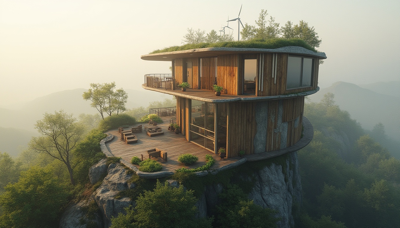 Prompt: Eco-friendly watching tower, natural wood accents, reclaimed timber structures, green roofs, living walls, solar panels, wind turbines, rainwater harvesting systems, minimal carbon footprint, energy-efficient lighting, panoramic views, 360-degree observation decks, weathered steel exteriors, rustic stone foundations, organic shapes, earthy color palette, misty morning atmosphere, soft warm lighting, shallow depth of field, 1/2 composition, cinematic perspective.