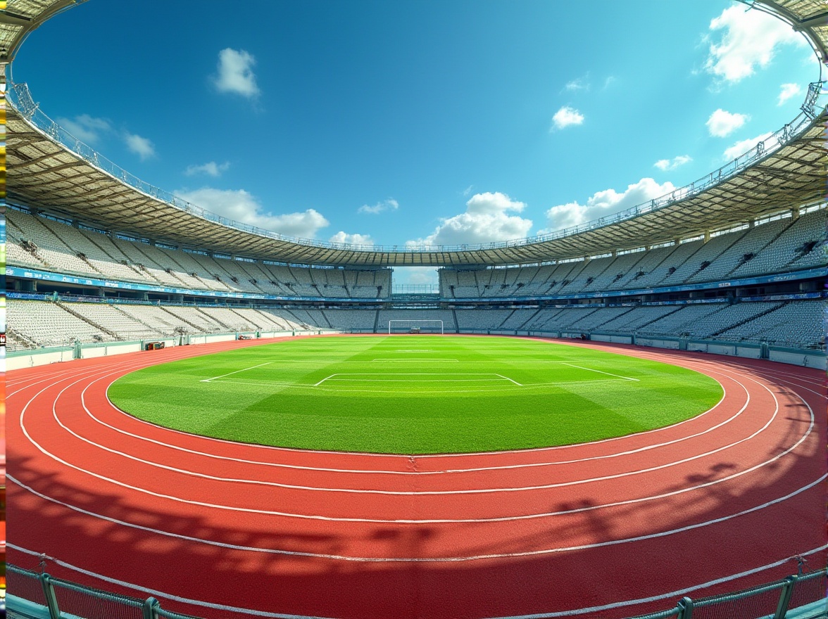 Prompt: Vibrant athletic track, lush green grass, bold white lines, bright yellow goalposts, sturdy metal bleachers, weathered wood fences, rustic stone walls, modern stadium architecture, electric blue accents, dynamic LED lighting, clear sunny day, shallow depth of field, 3/4 composition, panoramic view, realistic textures, ambient occlusion.