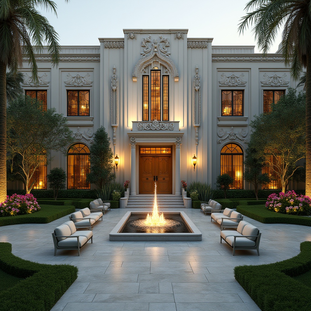 Prompt: Elegant Art Deco building facade, ornate metalwork details, luxurious fountain features, symmetrical gardens, manicured lawns, vibrant tropical plants, colorful blooming flowers, decorative stone pathways, modern outdoor furniture, sleek minimalist benches, sophisticated lighting fixtures, warm golden spotlights, shallow depth of field, 1/2 composition, panoramic view, realistic textures, ambient occlusion.