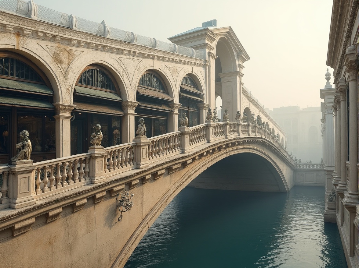 Prompt: Elegant bridge structure, grand arches, ornate balustrades, classical columns, carved stone details, weathered bronze statues, muted earth tones, warm beige stones, soft gray concrete, rich brown wood accents, subtle gold leafing, creamy white marble, pale blue water reflections, misty morning atmosphere, soft diffused lighting, 1/2 composition, atmospheric perspective, realistic material textures, cinematic color grading.