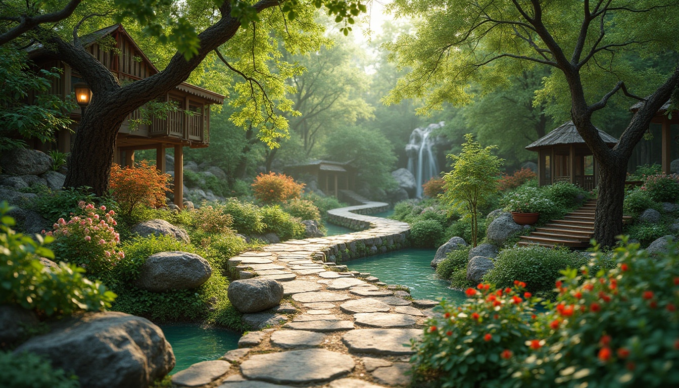 Prompt: Lush greenery, natural stone pathways, meandering water features, vibrant flowerbeds, native plant species, organic shapes, curved lines, earthy color palette, wooden accents, rustic benches, birdhouses, lantern-style lighting, soft warm glow, shallow depth of field, 3/4 composition, panoramic view, realistic textures, ambient occlusion.