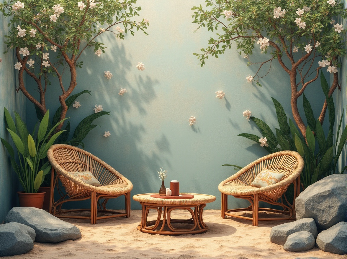 Prompt: Earthy tones, mossy greens, sky blues, sandy beiges, driftwood grays, blooming floral patterns, natural stone textures, woven rattan furniture, organic shapes, botanical illustrations, warm ambient lighting, soft focus, 1/1 composition, realistic renderings, subtle atmospheric effects.