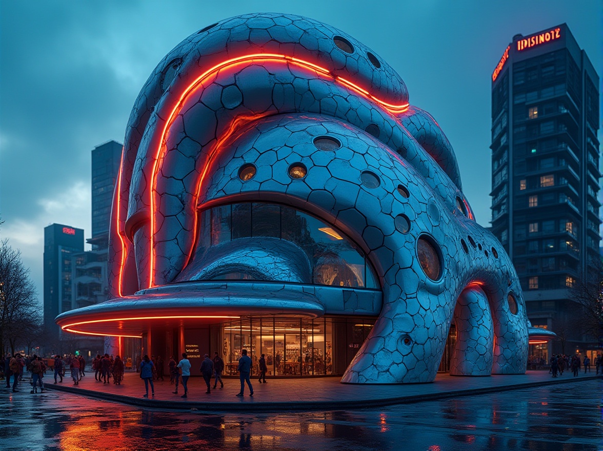 Prompt: Vibrant metabolism-themed building, bold neon lights, electric blue accents, bright orange hues, metallic silver surfaces, glossy black details, futuristic architecture, curved lines, dynamic shapes, urban cityscape, evening atmosphere, moody lighting, shallow depth of field, 1/1 composition, realistic reflections, ambient occlusion.