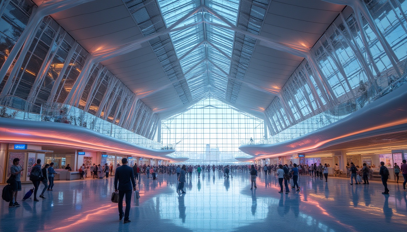 Prompt: Futuristic airport terminal, sleek glass fa\u00e7ade, aerodynamic curves, metallic latticework, LED light installations, vibrant color schemes, modernist architecture, cantilevered roofs, angular lines, minimalist design, spacious atriums, high ceilings, natural stone flooring, polished steel columns, dynamic lighting systems, shallow depth of field, 1/1 composition, panoramic view, realistic reflections, ambient occlusion.