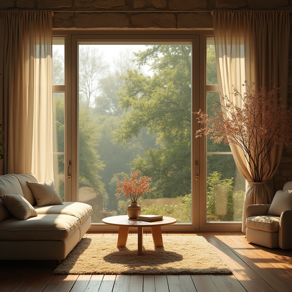 Prompt: Cozy living room, large windows, soft warm lighting, sheer curtains, natural stone walls, wooden floors, comfortable sofas, greenery views, blooming flowers, gentle breeze, sunny afternoon, shallow depth of field, 1/1 composition, realistic textures, ambient occlusion.